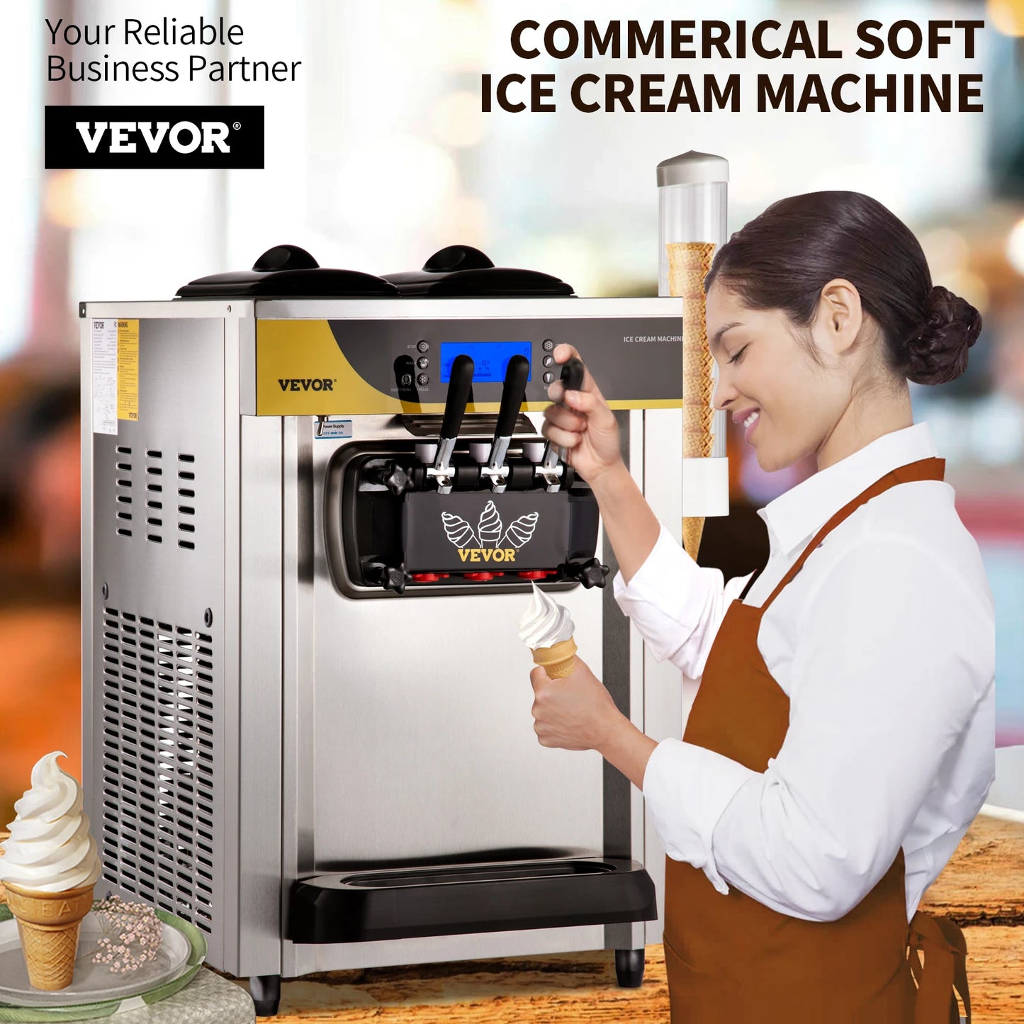 VEVOR 22-30 L/H máquinas de helado suave máquina expendedora comercial Tricolor de escritorio equipo de congelación de cono dulce