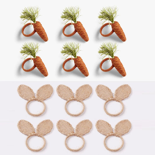 Servilleteros de Pascua de yute creativos con Orejas de conejo/zanahoria, servilletas tejidas a mano con hebilla, soporte para fiesta, cocina, decoración de mesa de bodas, 6 uds.