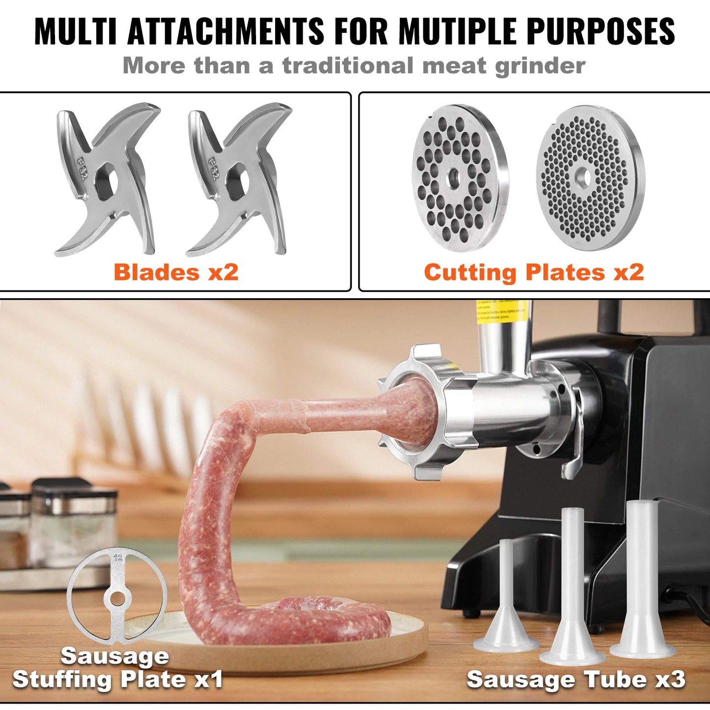 VEVOR  Industrial Meat Mincer with 2 Blade3 Grinding PlatesSausage Maker Die-cast Aluminum Commercial Meat Grinder