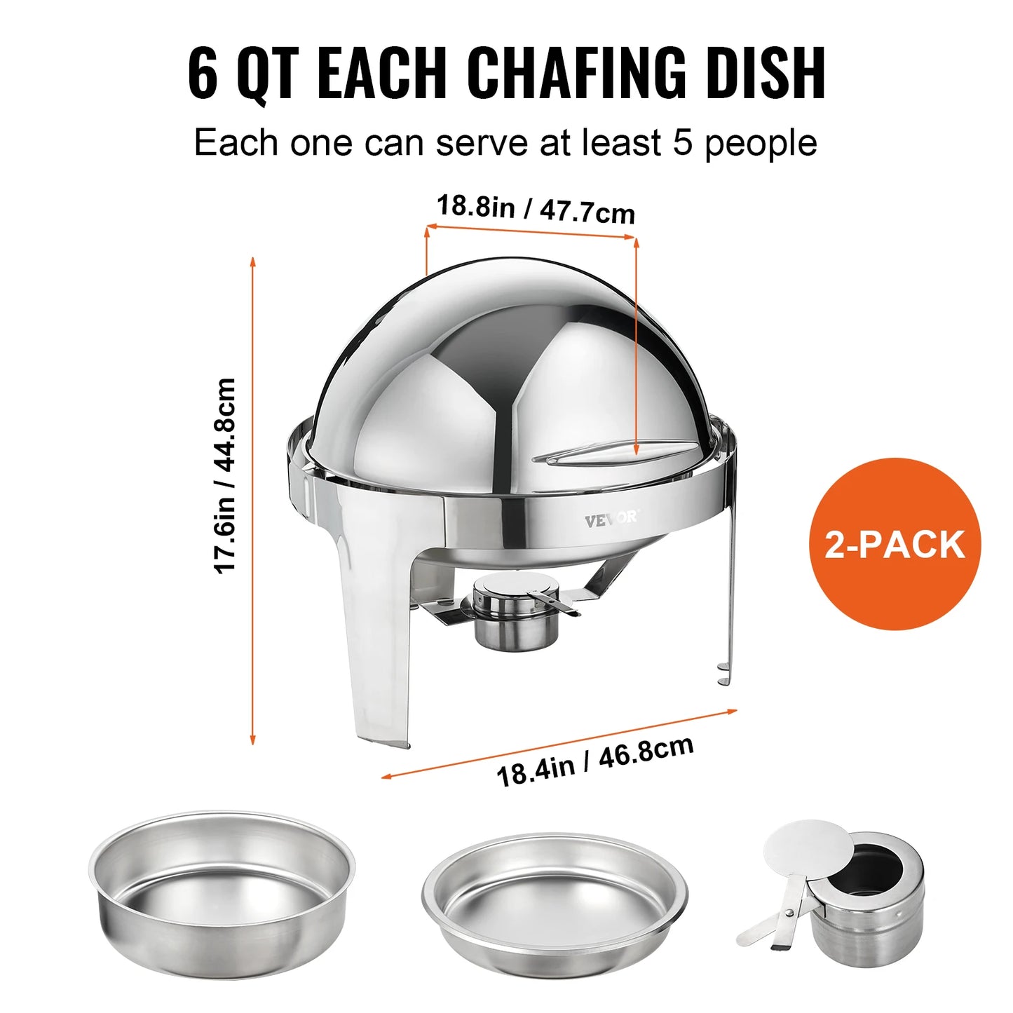 VEVOR Roll Top Chafing Dish Buffet Set 6 Qt 2 Pack Chafer de acero inoxidable con 2 sartenes de tamaño completo Servidor calentador de catering redondo