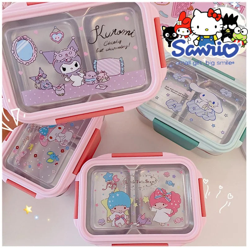 Fiambrera Kawaii Sanrio Kuromi con dibujos animados Cinnamoroll, fiambrera de doble capa de acero inoxidable para conservación de frutas, bonita fiambrera aislante