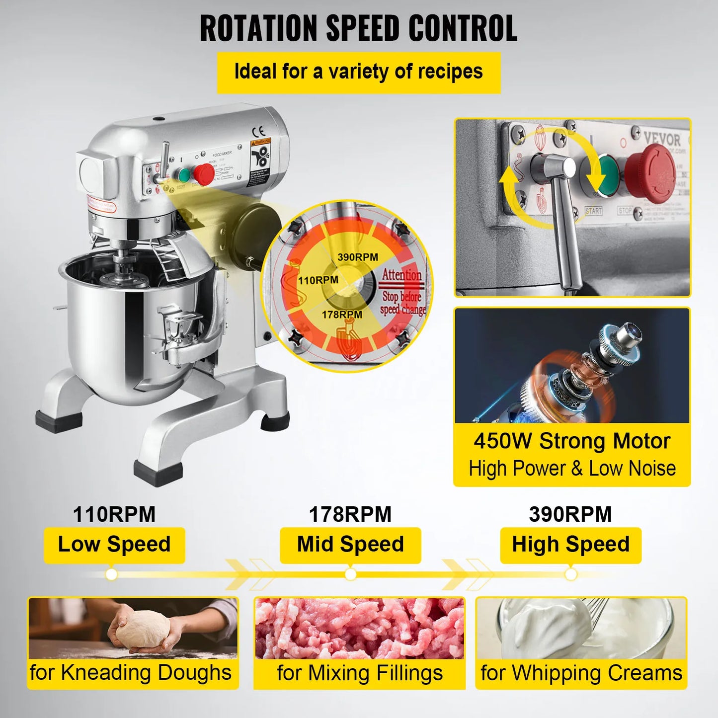 VEVOR 10 15 20 30L Machine à pâte électrique en acier inoxydable Commercial crème oeuf fouet mélangeur processeur cuisine support alimentaire mélangeur