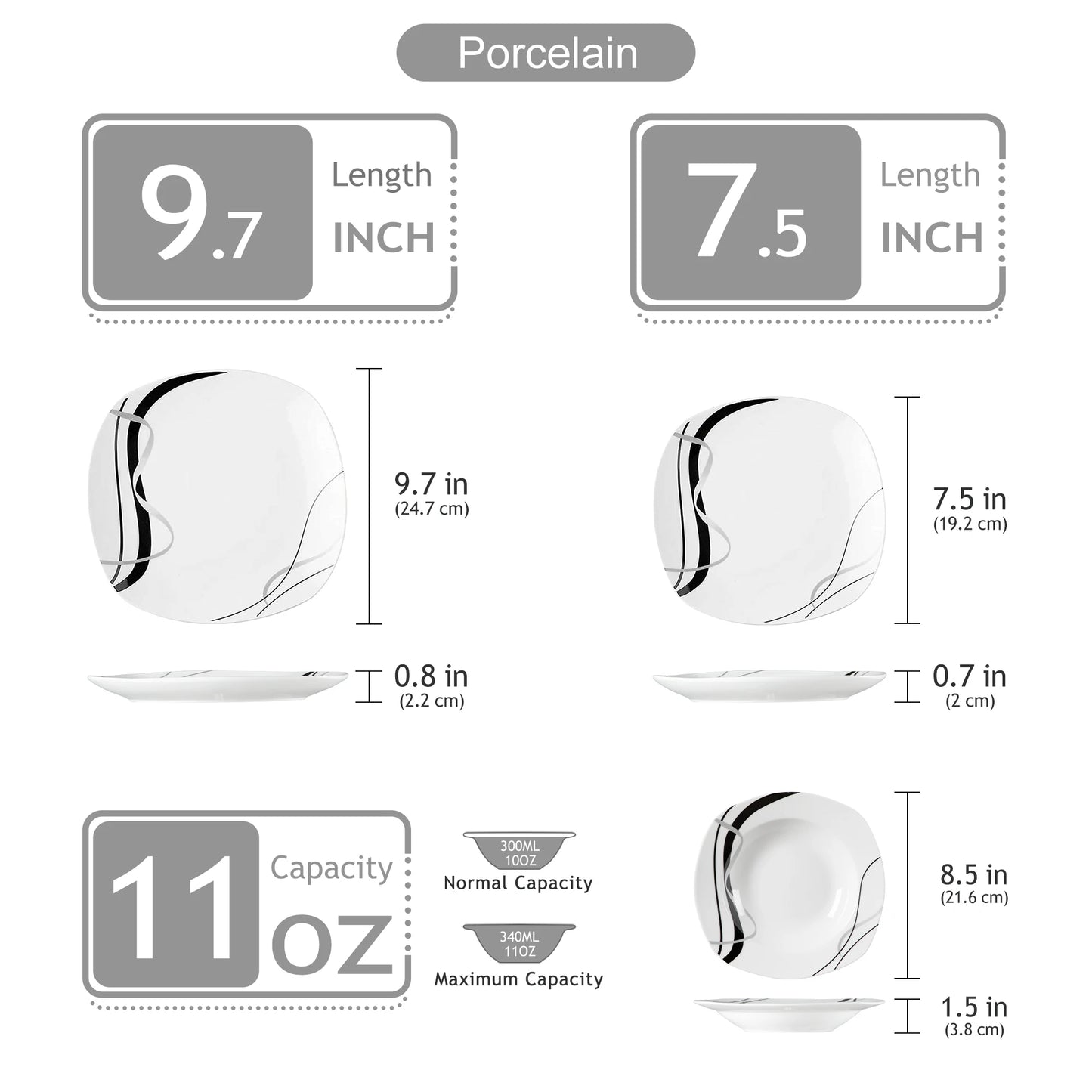 VEWEET FIONA 18/36-Piece Porcelain Ceramic Black Line Kitchen Tableware Dishes Plate Set with Dinner Plate,Dessert,Soup Plate