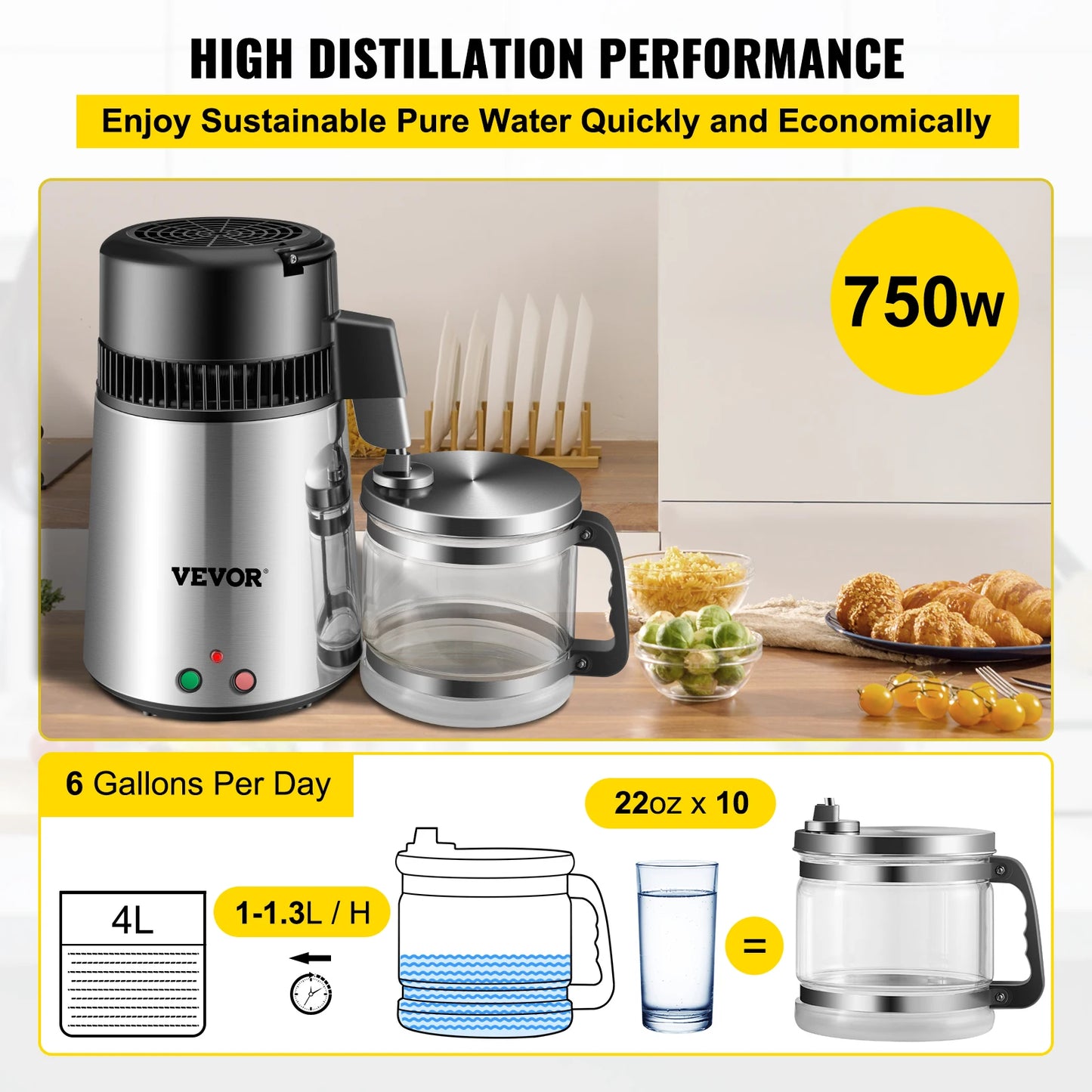 VEVOR 4L Water Distiller Purifier Filter for Drinking Water Bottle Electric Kettle Stainless Steel Cooler Office Home Appliances