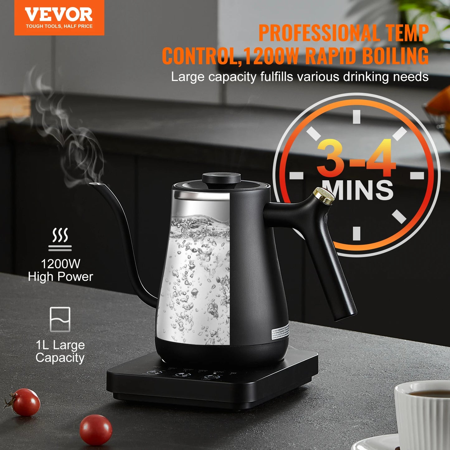 VEVOR Electric Gooseneck Kettle 1L Temperature Control Pour Over Coffee Kettle withStainless Steel Hot Water Tea Boiler