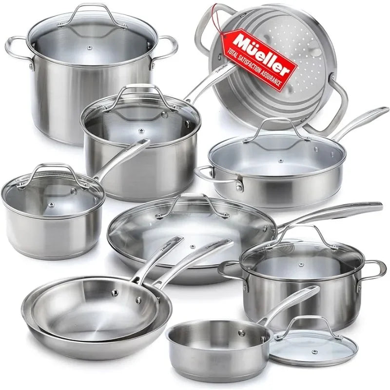 Mueller Juego de ollas y sartenes de 17 piezas, juego de utensilios de cocina Ultra-Clad Pro de acero inoxidable, mango ergonómico EverCool, incluye cacerolas