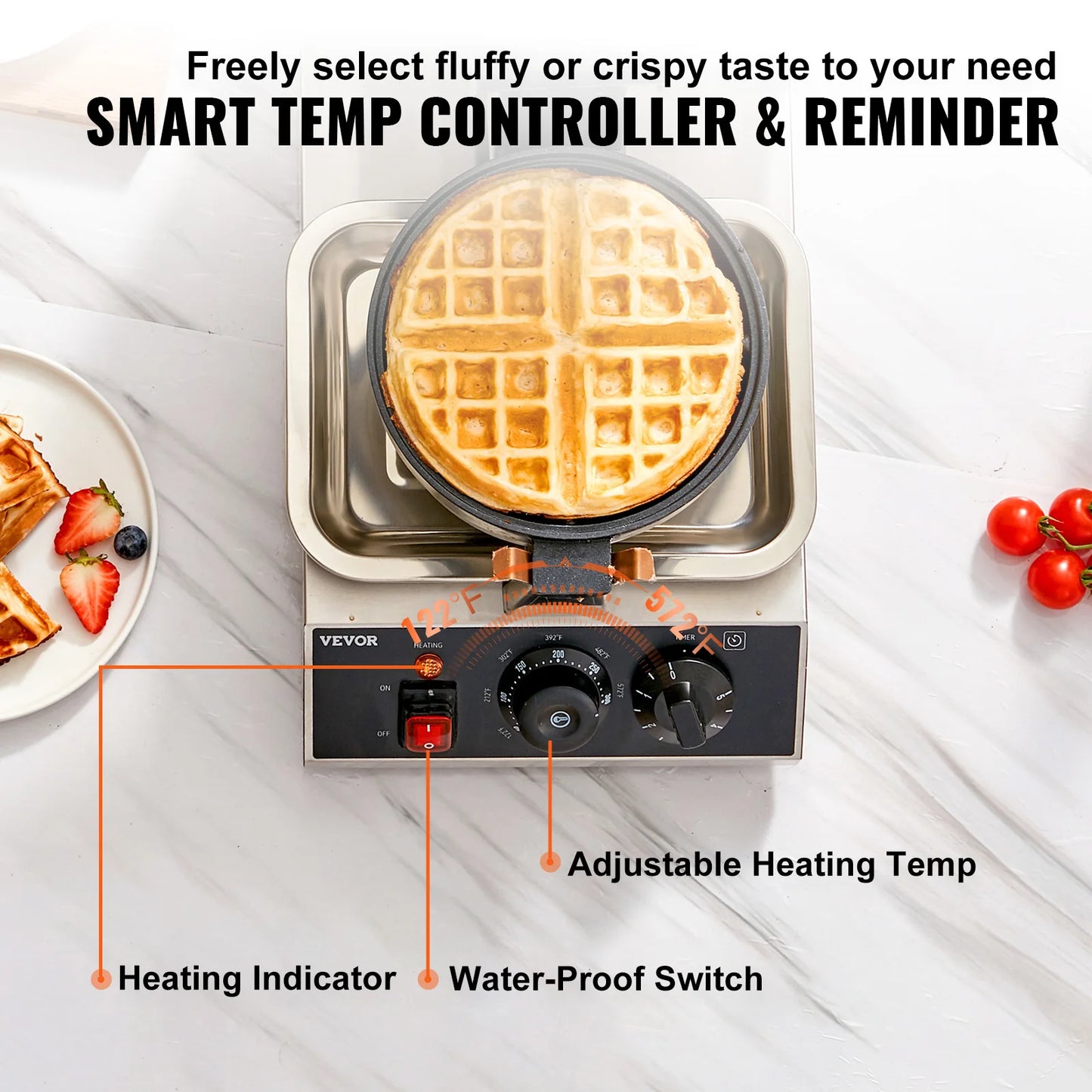 VEVOR Electric Waffle Maker Round Waffle Iron Non-Stick Waffle Baker Machine Teflon-Coated Baking Pans Stainless Steel Gaufriers