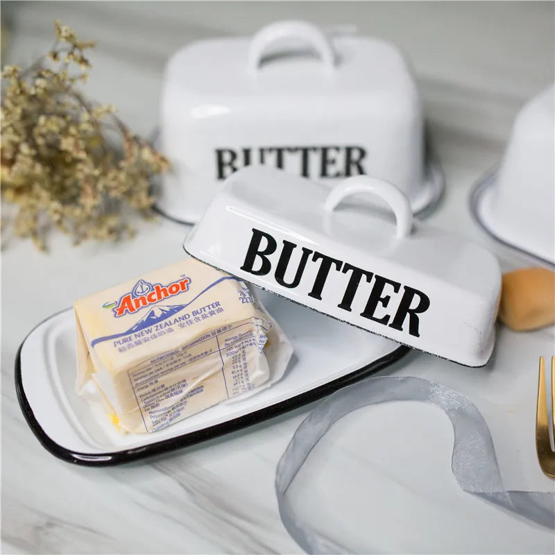 Europe style Retro Nostalgic Enamel With Lid Snack Tray Home Kitchen Tableware Butter Box Cheese Storage  cheese plate