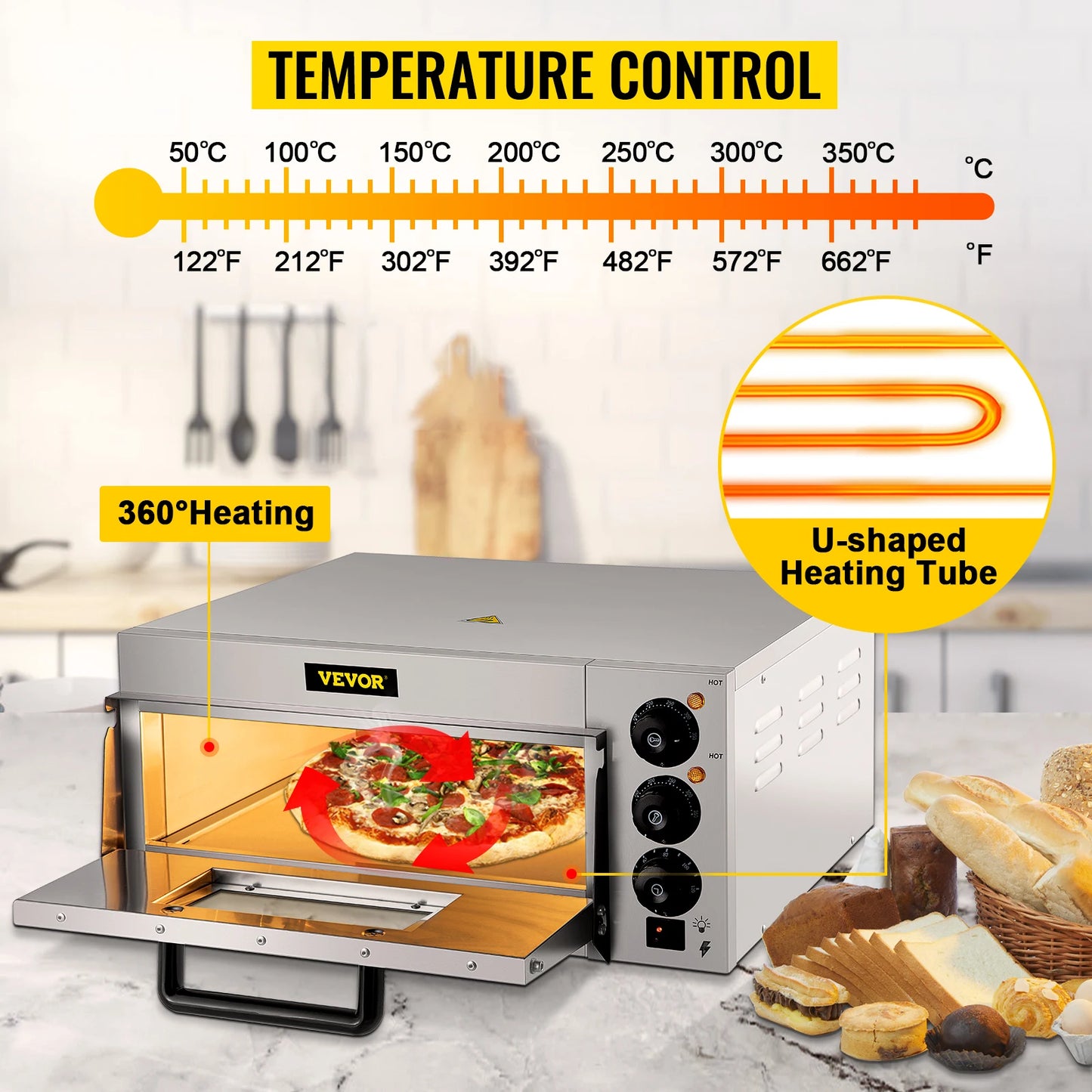 VEVOR-horno de Pizza eléctrico comercial, 14 ", capa única, 110/220V, 1300/2000W, con piedra y estante, pizzero multiusos