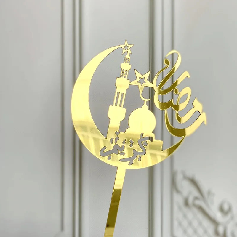 Adornos acrílicos dorados para pastel de Eid Mubarak, decoración para cupcakes con diseño de Castillo y Luna para Ramadán, fiesta musulmana islámica, decoración artesanal para pasteles