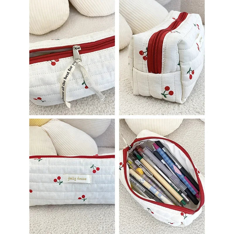 Bolsa de almacenamiento de viaje acolchada de algodón para mujer, bolsas de cosméticos Retro de cereza para mujer, estuche de lápices para niñas de diseño bonito, bolsa de maquillaje, bolsos