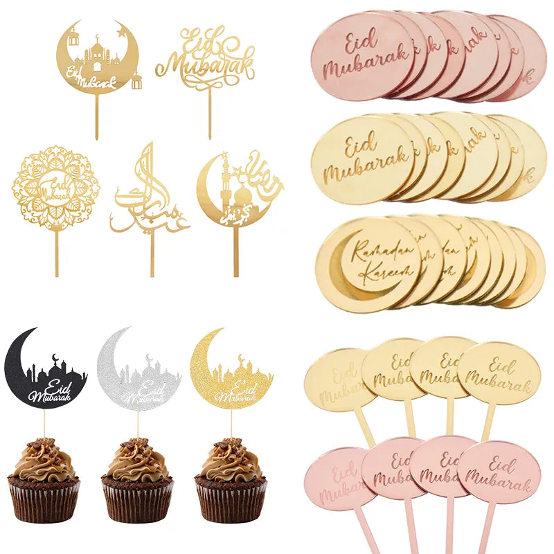 Adornos acrílicos dorados para pastel de Eid Mubarak, decoración para cupcakes con diseño de Castillo y Luna para Ramadán, fiesta musulmana islámica, decoración artesanal para pasteles