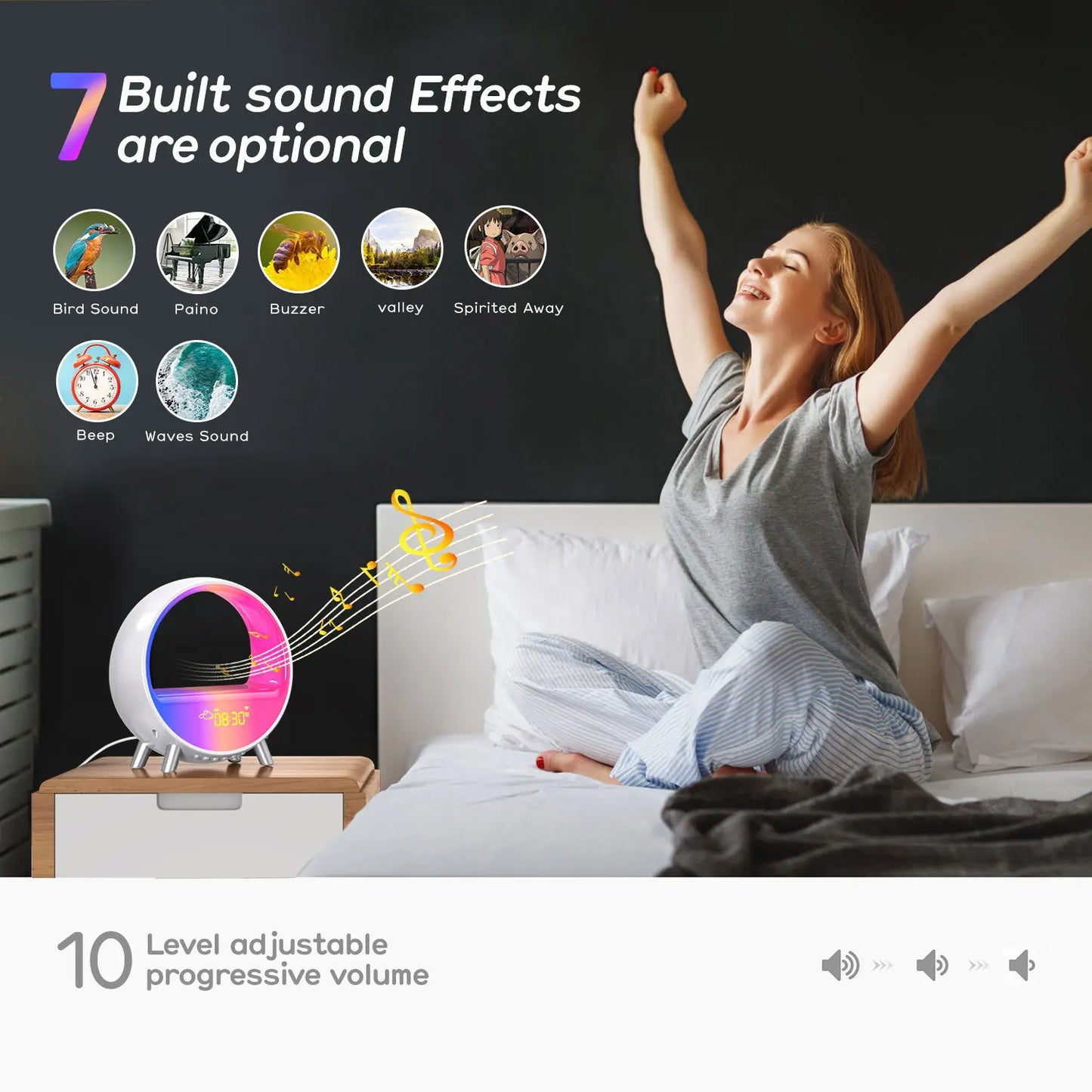 Lumière de réveil LED intelligente, simulation de coucher de soleil, réveil électronique, haut-parleur Bluetooth, veilleuse d'ambiance de chevet, décoration de la maison