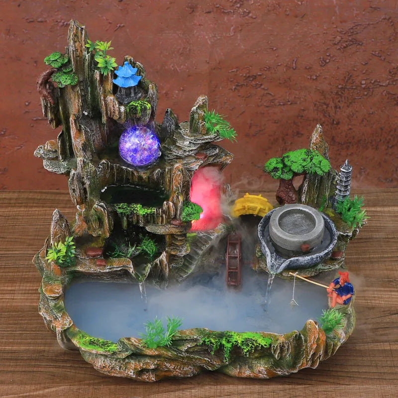 Fontaine de rocaille avec vue sur la montagne, circulation de l'eau, petit aquarium, jardin, bonsaï, décoration porte-bonheur Feng Shui, ornements