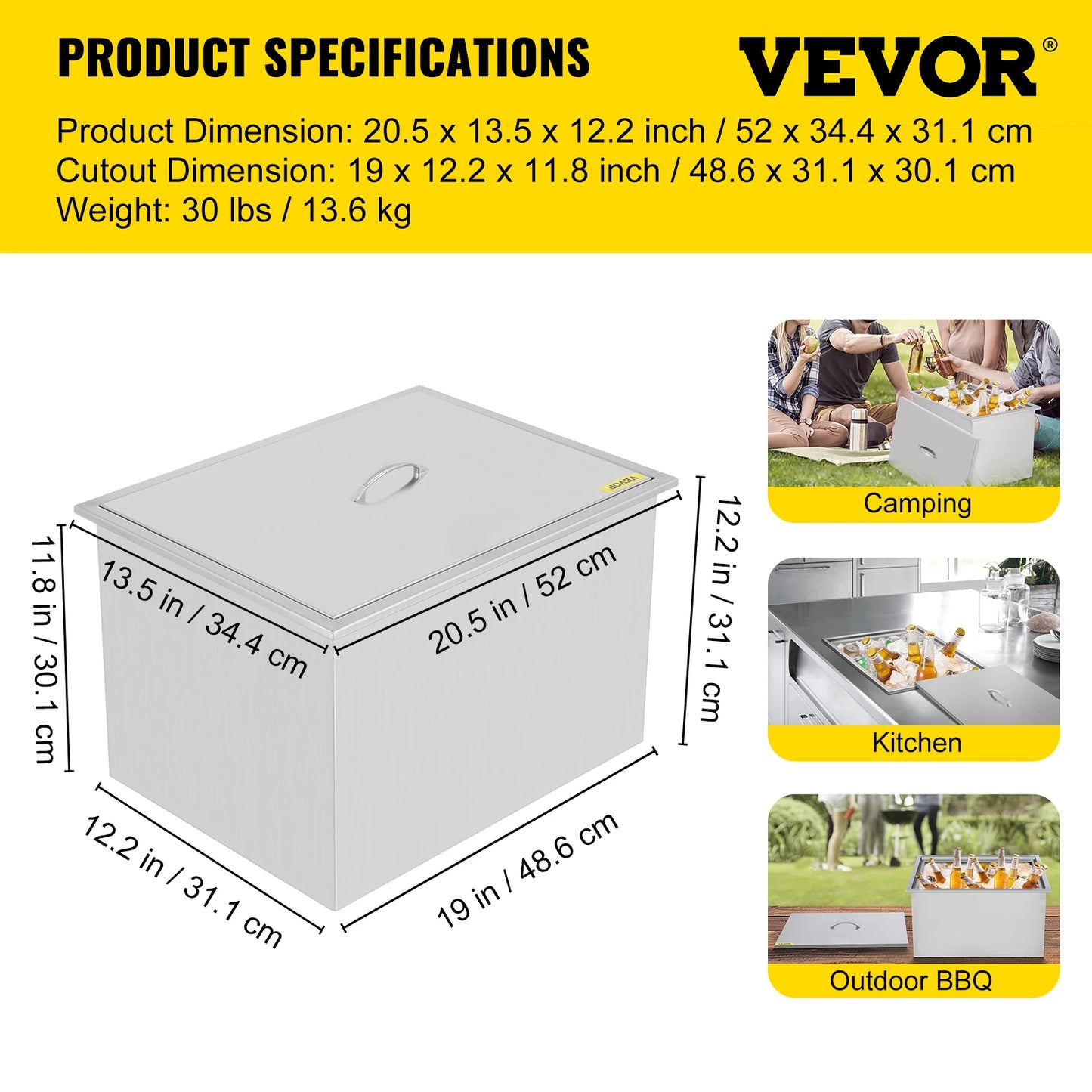 VEVOR 30L 33L 66L 104L 115L bac à glace refroidisseur à vin refroidisseur poignée en acier inoxydable Patio avec vanne de vidange pour fête en plein air