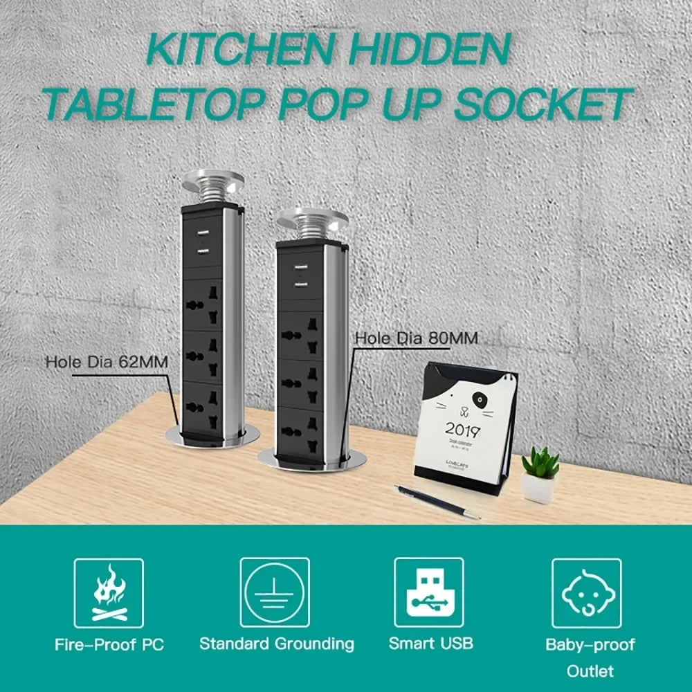 Table POP prises tirer vers le haut 3 voies US UK EU AU prise électrique prise de courant universelle USB Charge cuisine maison rallonge 1.8 m