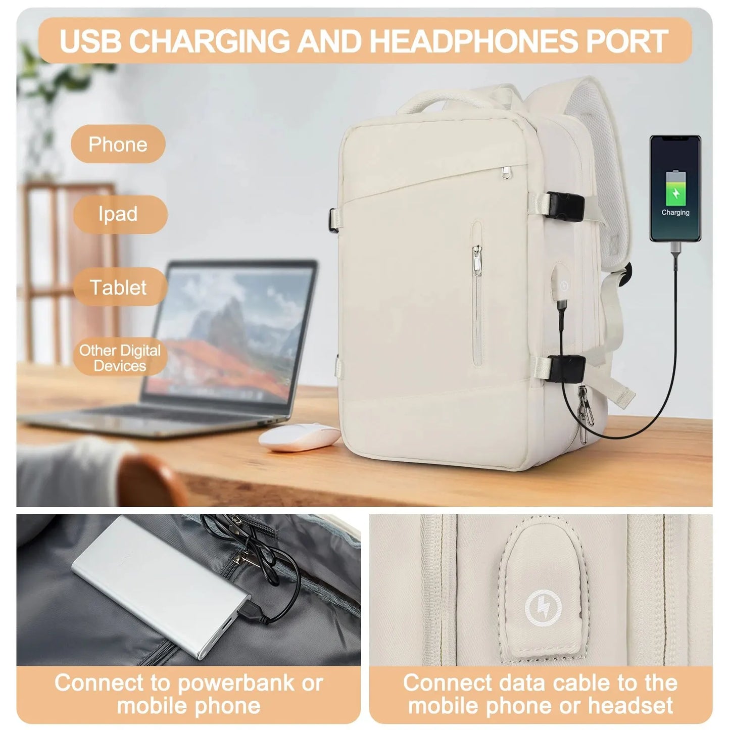 Likros Mochila de viaje para mujer Ampliable Weekender Senderismo Mochila para computadora portátil con puerto USB Mochila grande impermeable para hombre de 40 L