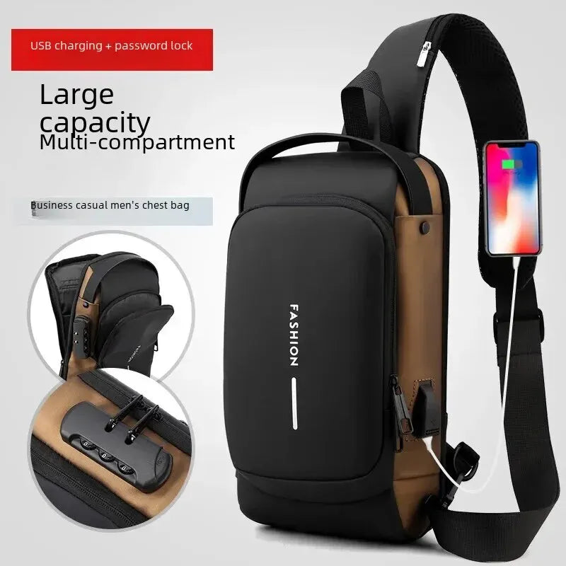 Bolso cruzado multifuncional para hombre, con bloqueo de contraseña, impermeable, para motocicleta, puerto de carga USB, bolso de pecho antirrobo, viaje informal