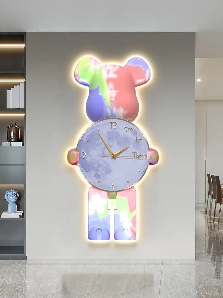 Light Luxury Art Cartoon Bear Clocks, Wall Clock Modern Design, Living Room Decoration, Room Creative Clock Wall Lamp Mute