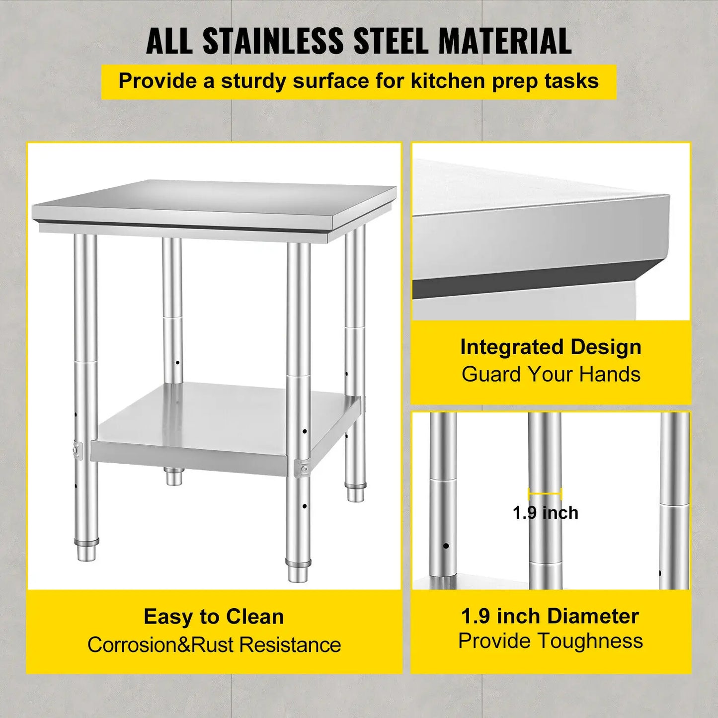 VEVOR Kitchen Work Bench Commercial Catering Table Worktable with Undershelf Stainless Steel 330LBS 286LBS for Restaurant Garage