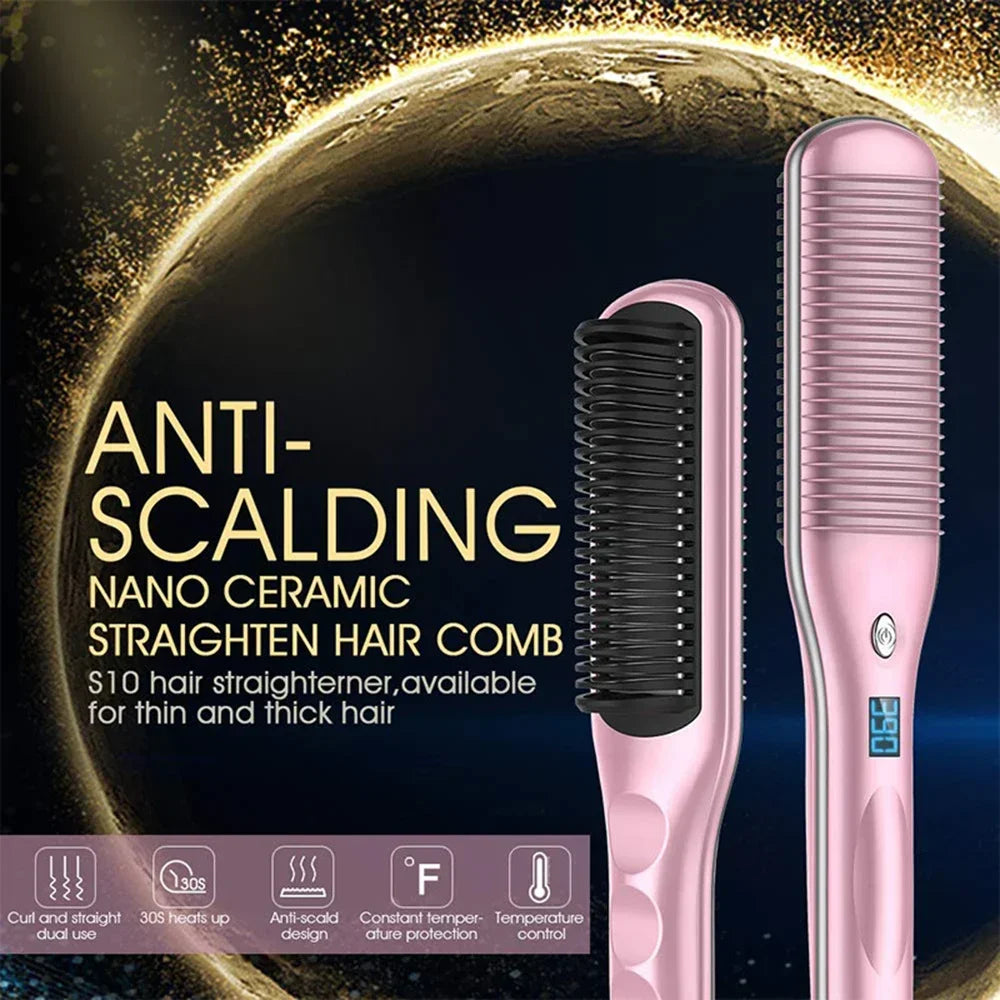 2 in 1 Electric Hair Straightener Brush 30S Fast Heat Up Anti-scald Straight &Curler Dual-use Straightening Negative Iron