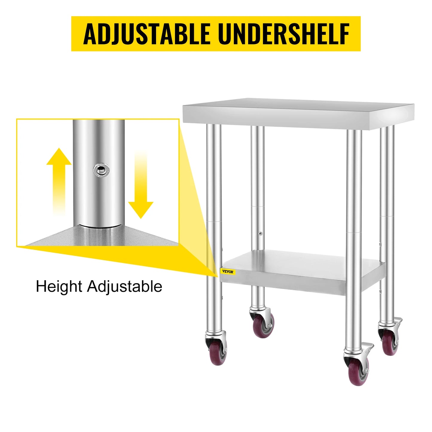 VEVOR – Table de travail de cuisine en acier inoxydable, étagères, banc de travail Commercial avec roulettes, pour le stockage à domicile et au Restaurant