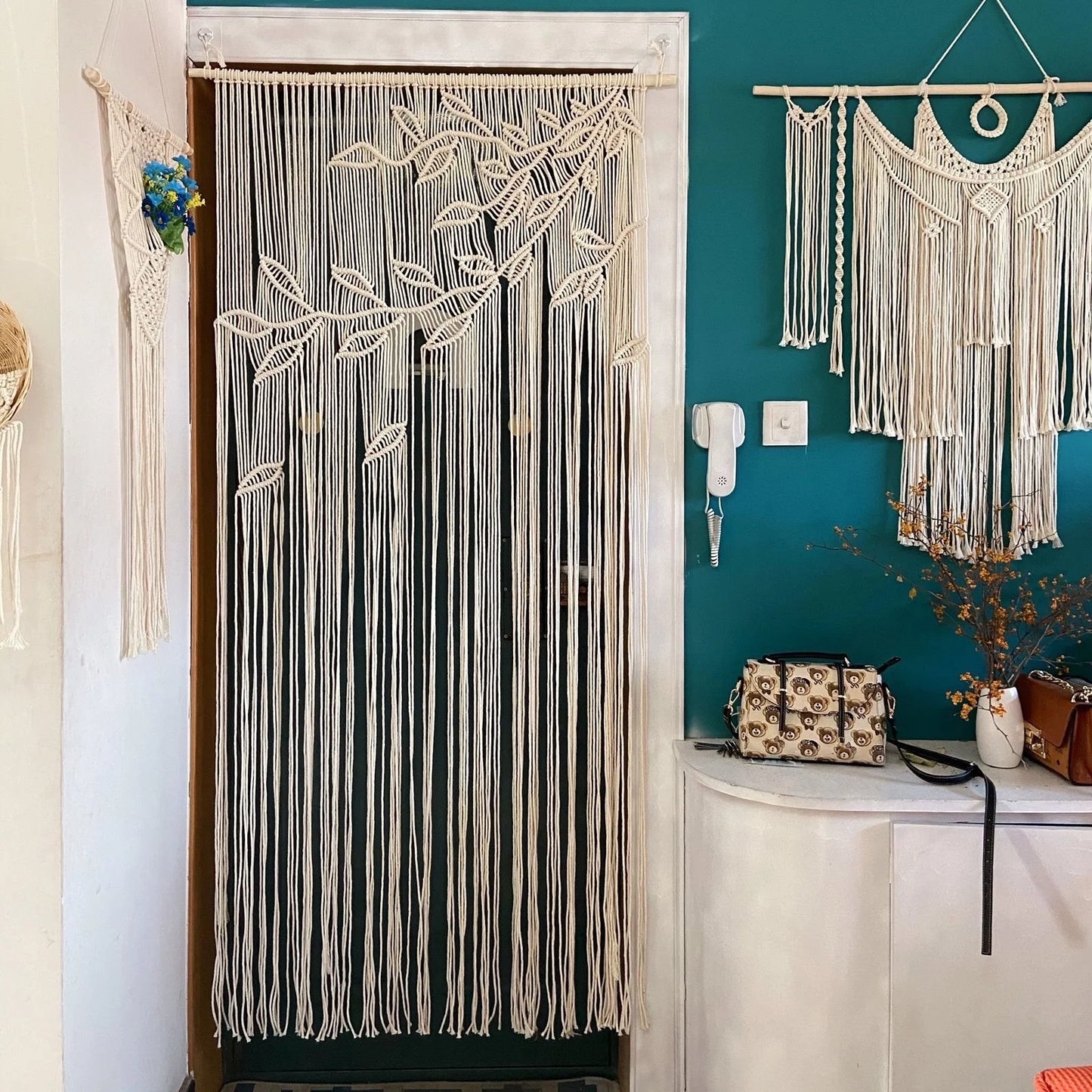 Tapiz de cortina de ventana de puerta de algodón de macramé bohemio tejido a mano, tapiz artístico para colgar en la pared, decoración de tapiz de fondo de boda