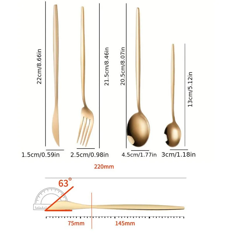 Service de vaisselle doré 24 pièces, couteau à Steak en acier inoxydable, fourchette cuillère à café cuillère à café couverts lavable au lave-vaisselle, vaisselle de cuisine