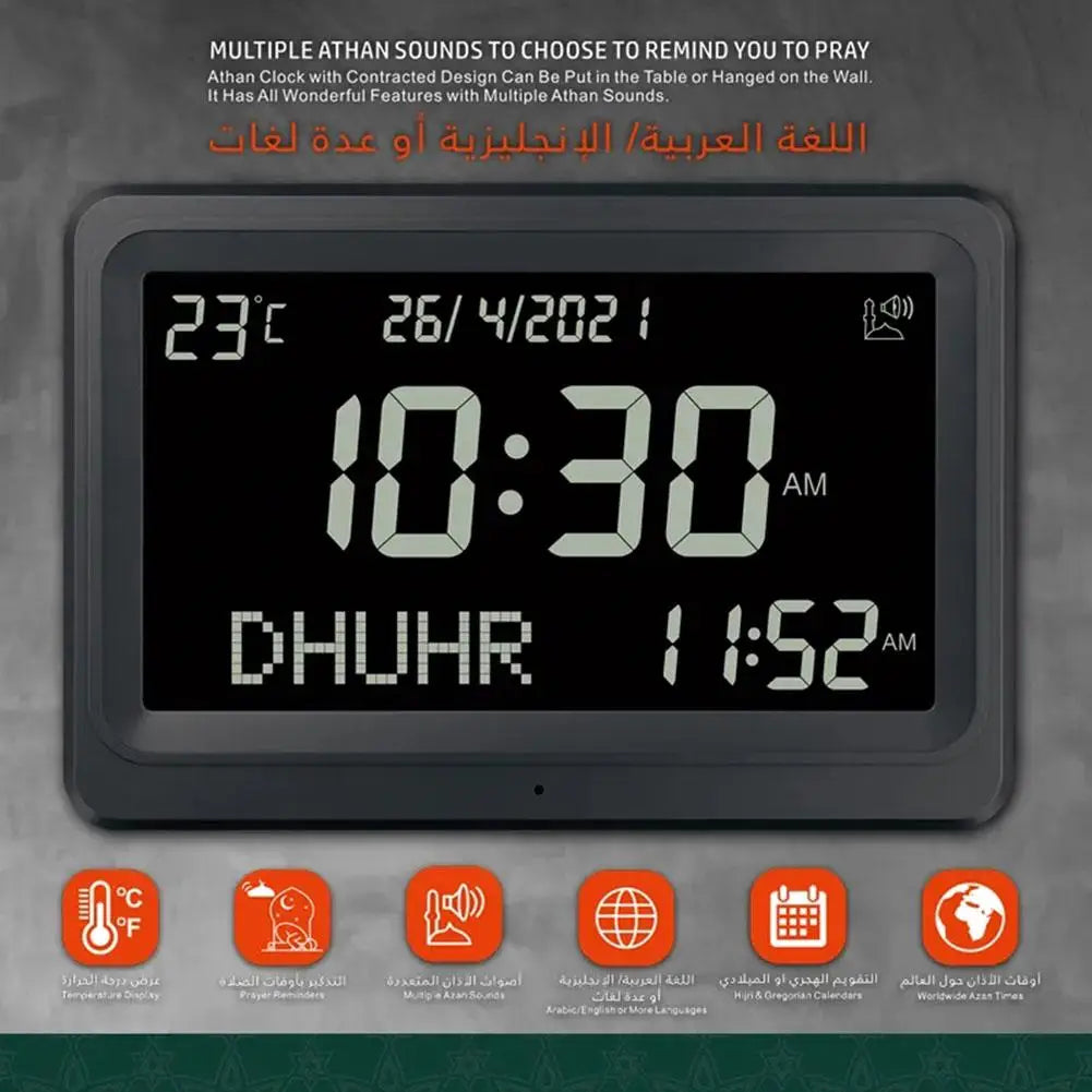 Horloge Azan, 8 sons Athan, al-fajia, grand écran LCD, plusieurs langues, calendrier Hijir grégorien, réveil de bureau de prière musulmane