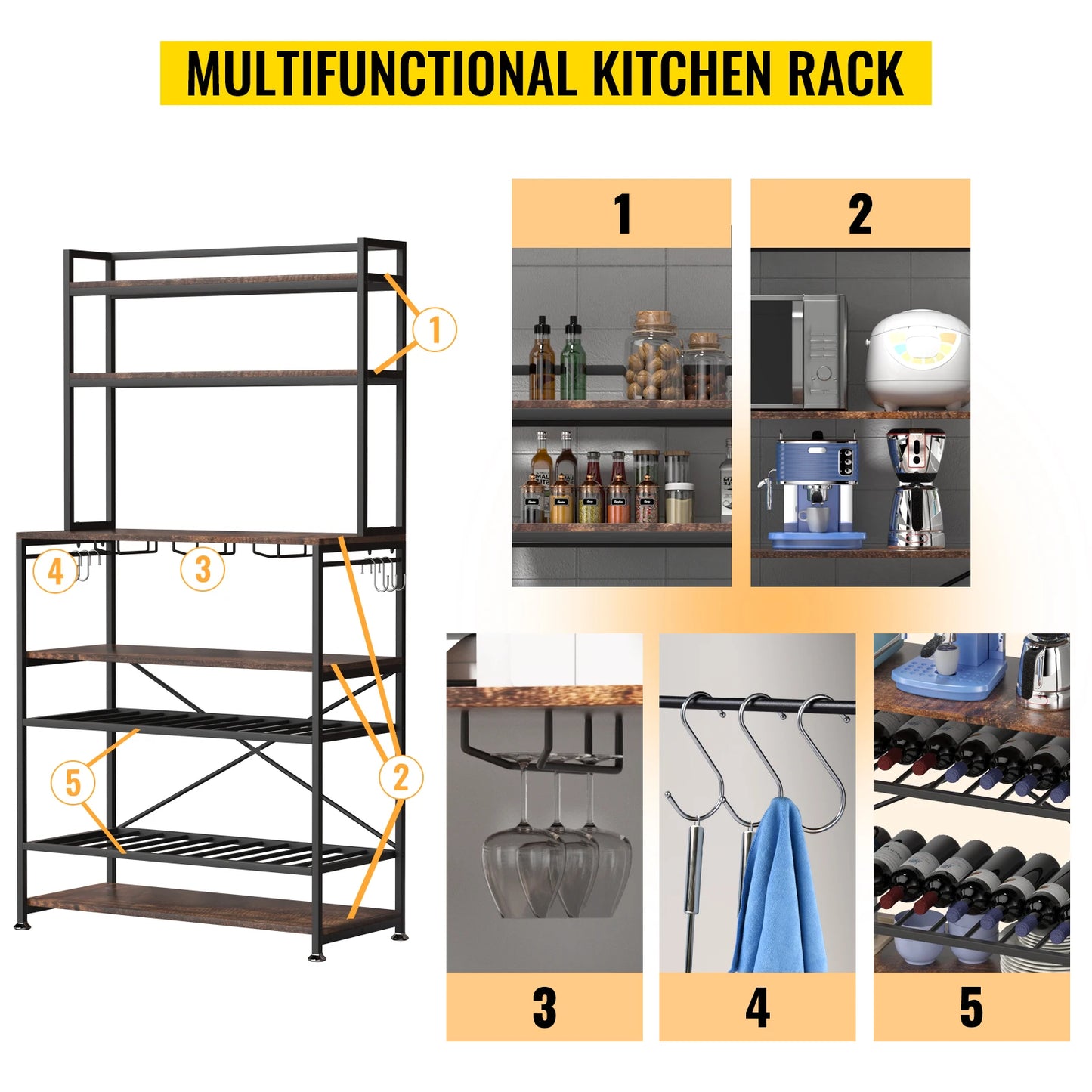 VEVOR 6-Tier Kitchen Bakers Rack with Cabinet 68"/65" Tall Storage Shelf Rack with 320 lbs Load Bearing Comes with 6 or 11 Hooks