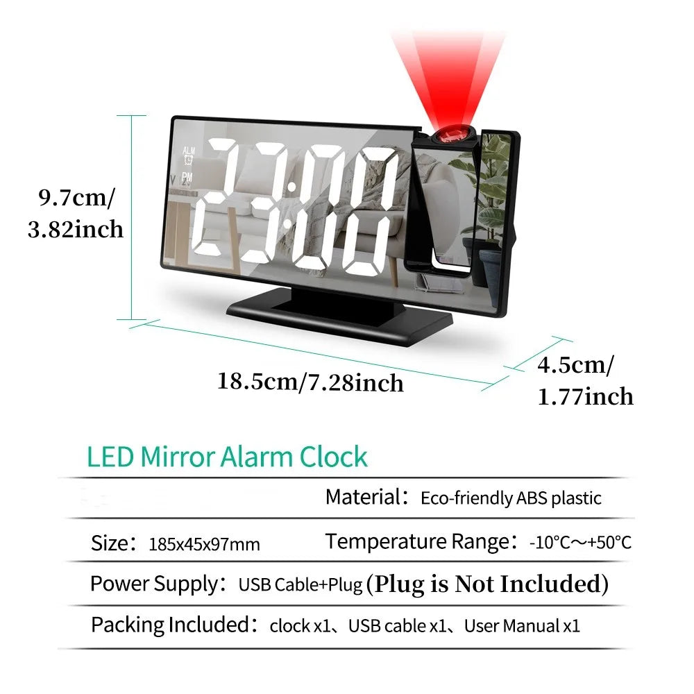 Réveil de Projection à bras 180 °, avec temps et température, réveil numérique, horloge de Table, projecteur USB 12/24H, horloge LED