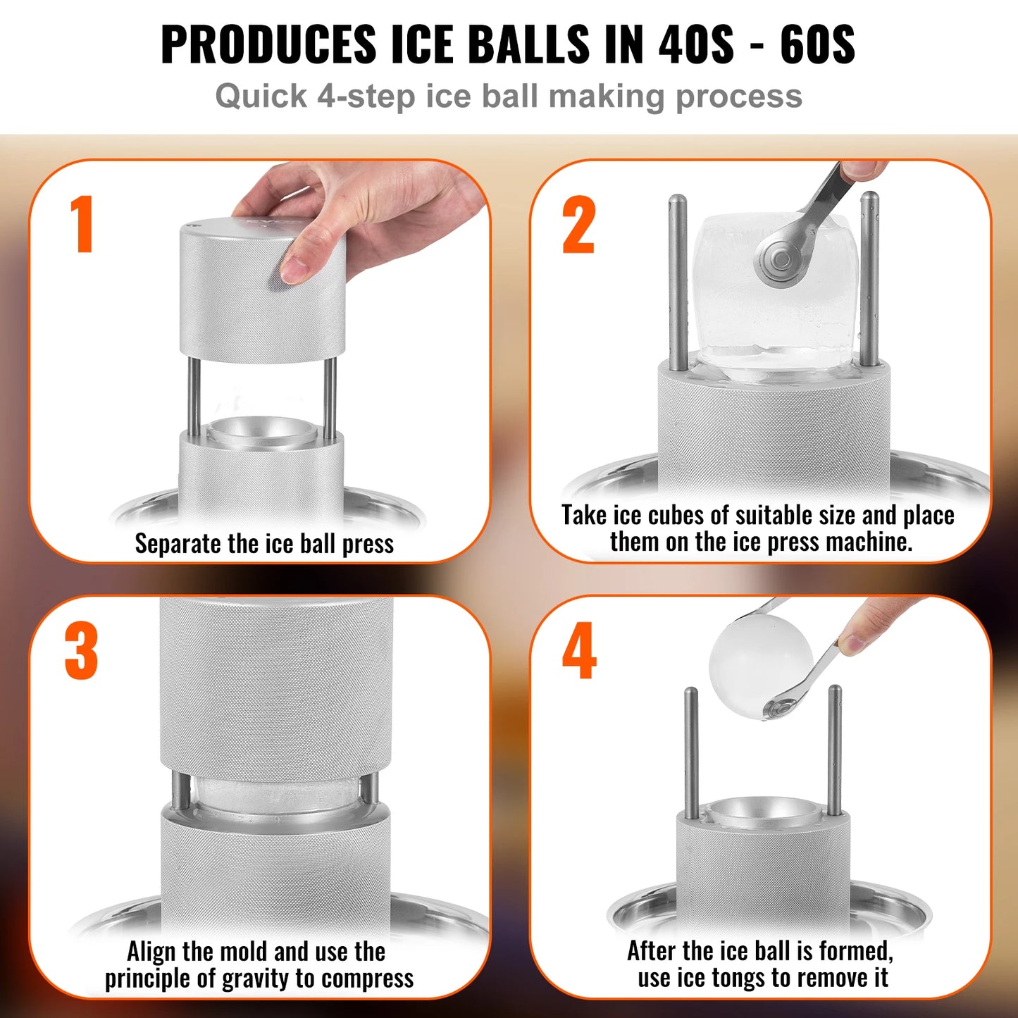 VEVOR 60mm Ice Ball Press Maker Spherical Whiskey Tray Mould Bubble-Free Making Mold DIY Crystal Ice Ball Box for Bar Cocktail