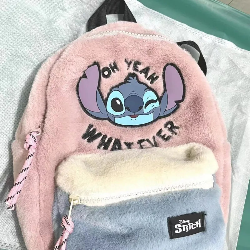 Disney-mochila escolar de felpa con dibujos de Stitch para niños, mochila bonita de franjas de diferente Color a la moda para guardería