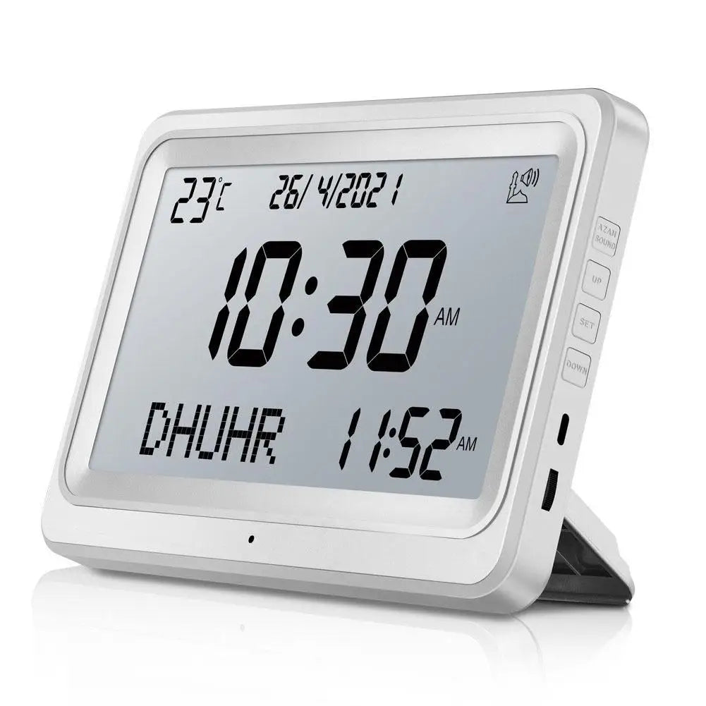 Azan Clock 8 Athan Sounds Al-Fajia Larger LCD Screen Multi-languages Hijir Gregorian Calendars Muslim Prayer Desk Alarm Clock