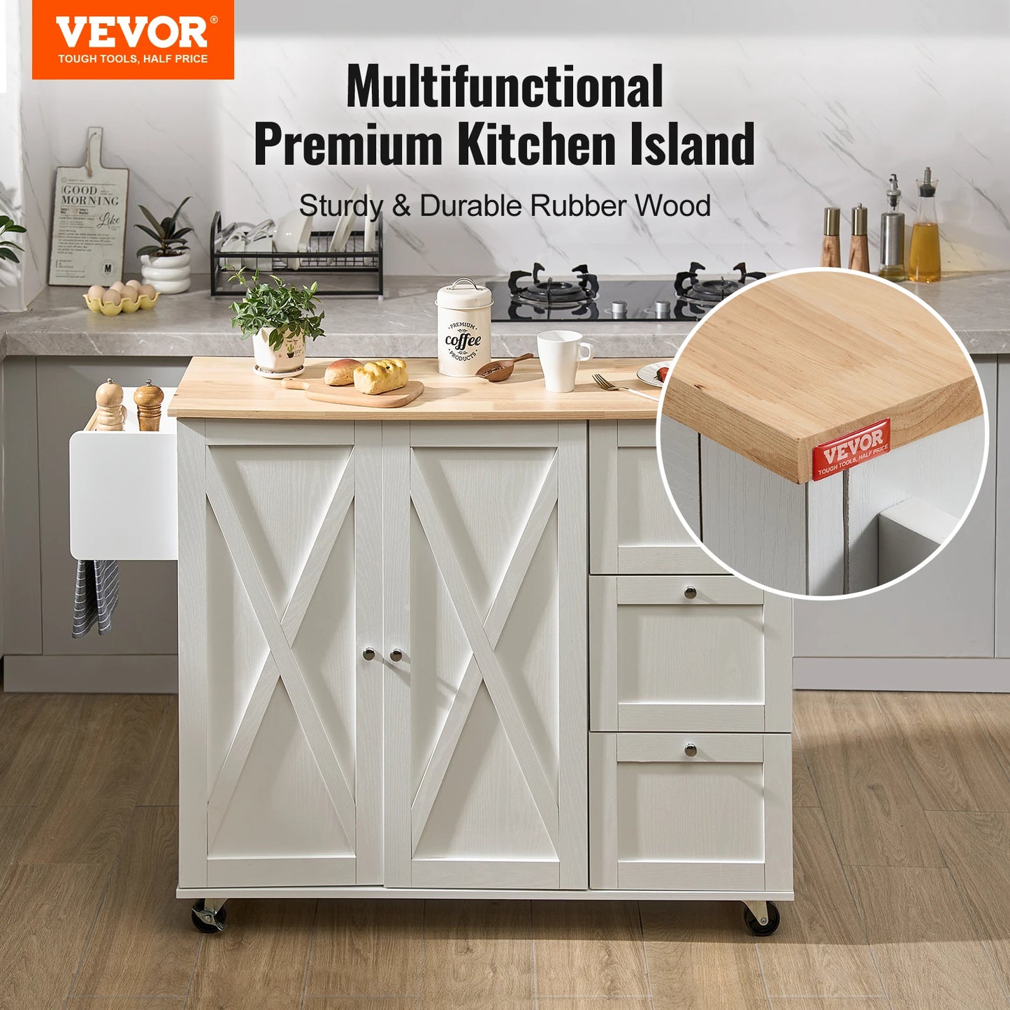 VEVOR 2-Door 1/2 3-Drawer White Mobile Kitchen Island Rubber Wood Desktop Rolling Kitchen Cart with Wheels for Home Bar Storage