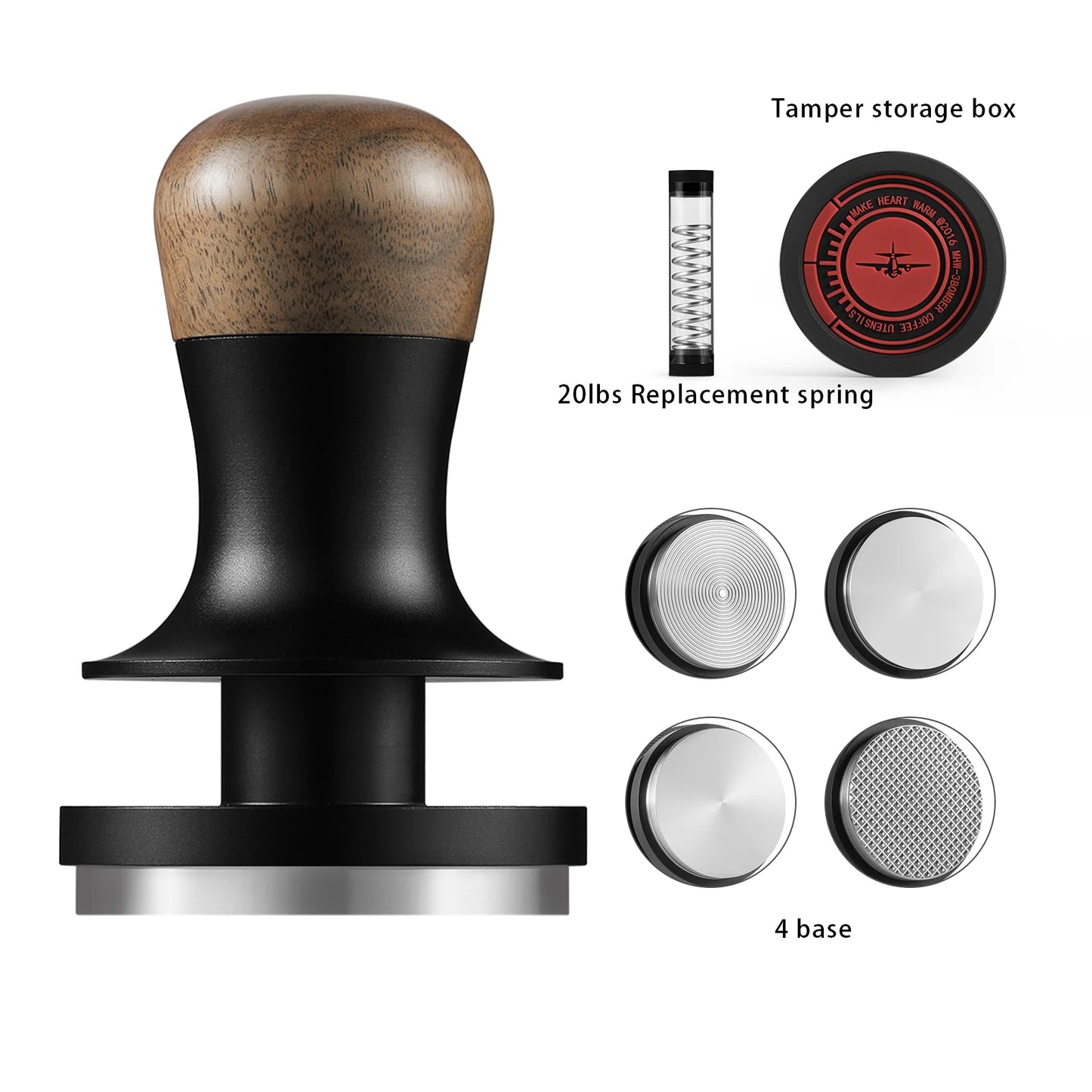 MHW-3BOMBER 30lbs Springs 58.35mm Coffee Tamper with 4 Replaceable Stainless Steel Base & 20lbs Replacement Spring Barista Gift