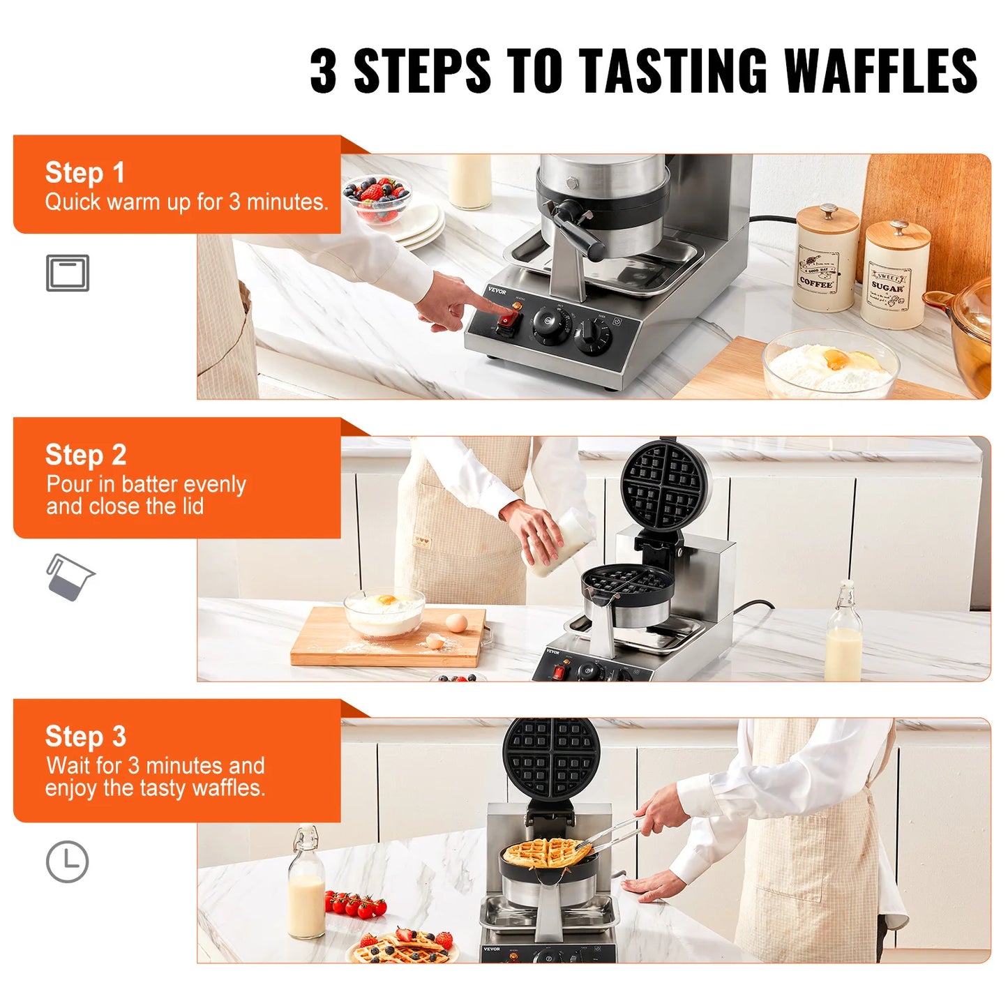 VEVOR Electric Waffle Maker Round Waffle Iron Non-Stick Waffle Baker Machine Teflon-Coated Baking Pans Stainless Steel Gaufriers