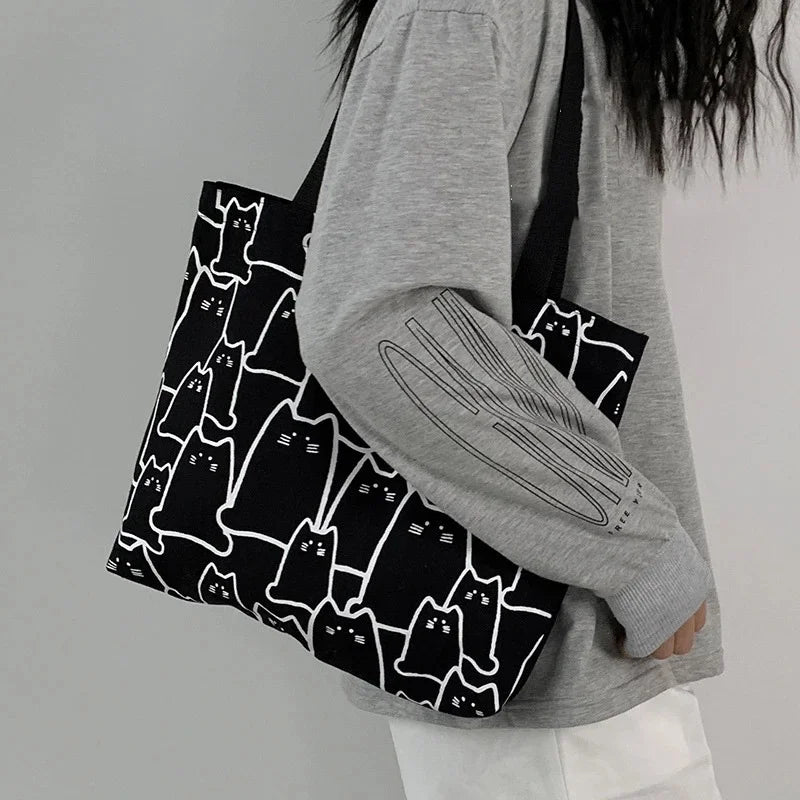 Bolsos de lona para mujer, bolso de mano con diseño de gato bonito, bolso de diseño con cremallera, hombro pequeño de dibujos animados de estilo japonés