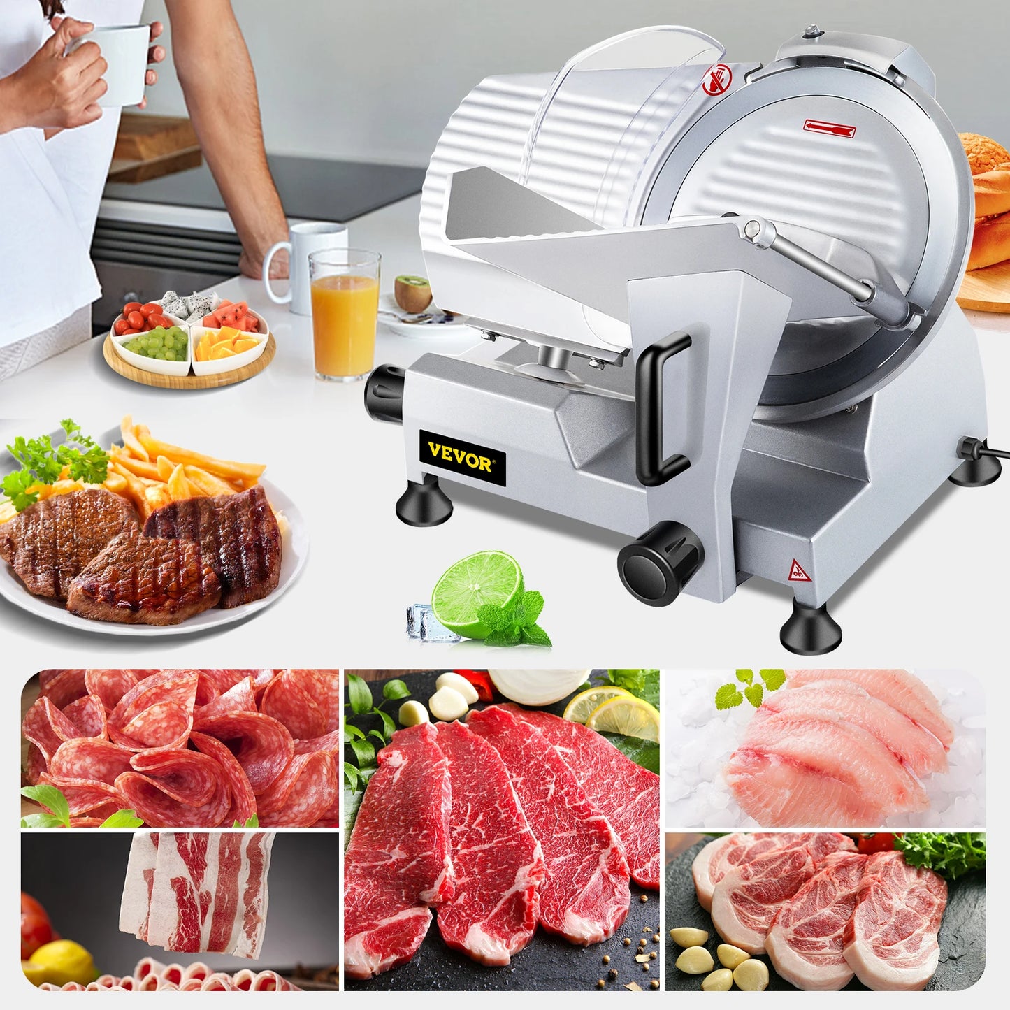 VEVOR 10 Inch Blade Electric Food Slicer Cutter Grinder Meat Slicer Machine for Commercial Deli Meat Cheese Beef Mutton Turkey