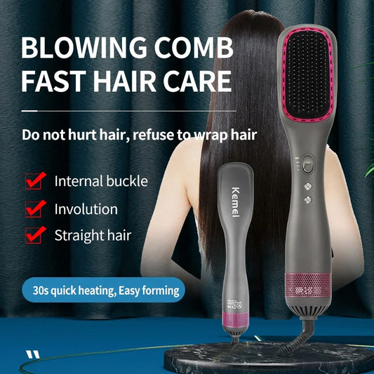 Kemei Electric Hair Brush Multifunctional One-Step Hair Dryer Ion- Straightening Curling Iron Blower Comb Hot Air Styling Tool