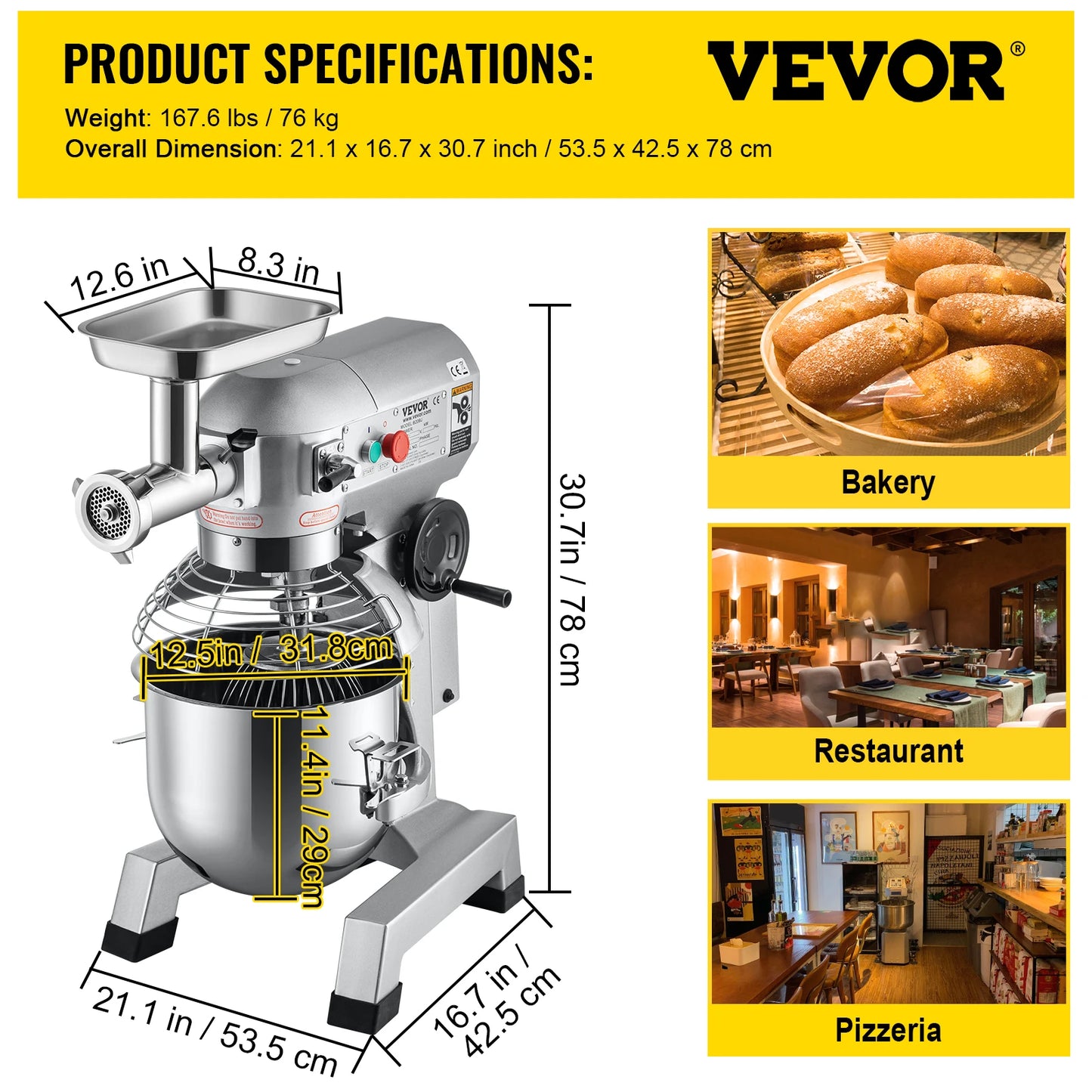 VEVOR 20Qt Commercial Electric Stand Food Mixer 1100W Professional Kitchen Dough Mixer Bread Pastry Kneading Whipping Machine