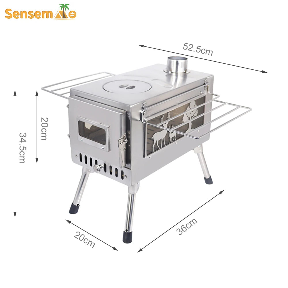 Large Portable Fire Wood Stove, 304 Stainless Steel, Window Pipe for Tent Heater, Cot Camping, Ice-fishing Cooking, Outdoor BBQ