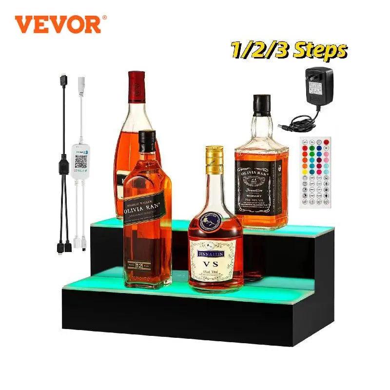 VEVOR LED Lighted Bar Shelf 1/2/3 Step Club Wine Bottle Rack Glorifier Holder Multi-Size Home Display Stand Liquor Bottle Sheves