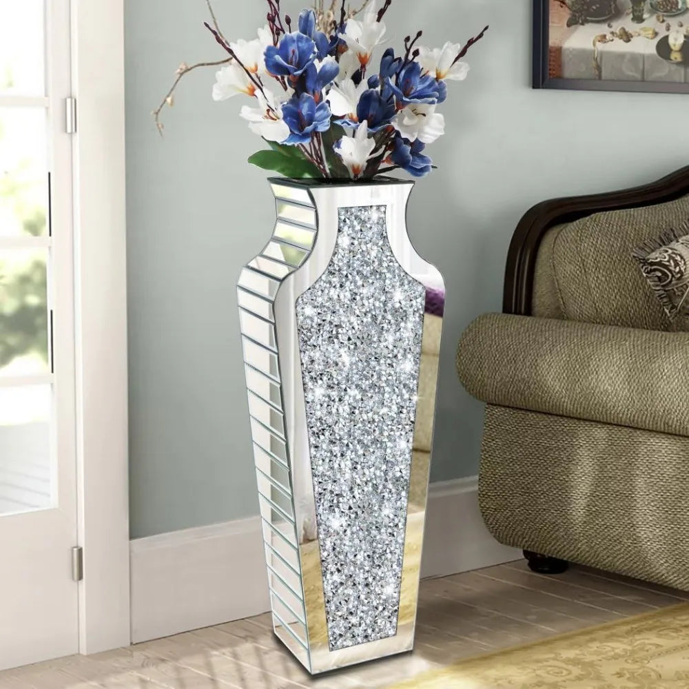 Vase Fragmented Diamond Mirror 27 "High, Crystal Silver Glass Decorative Mirror Vase Luxury Home Decoration, Large Vase