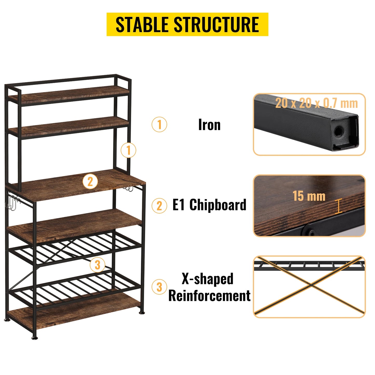 VEVOR 6-Tier Kitchen Bakers Rack with Cabinet 68"/65" Tall Storage Shelf Rack with 320 lbs Load Bearing Comes with 6 or 11 Hooks