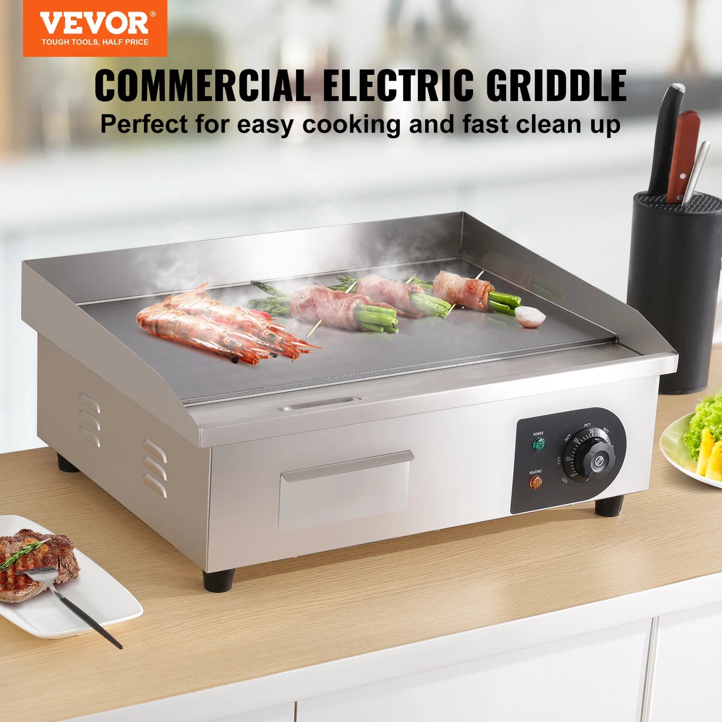 VEVOR 22In Commercial Electric Grill Flat Pan Stainless Steel Desktop Griddle Hotplate Teppanyaki Grill With Temperature Control