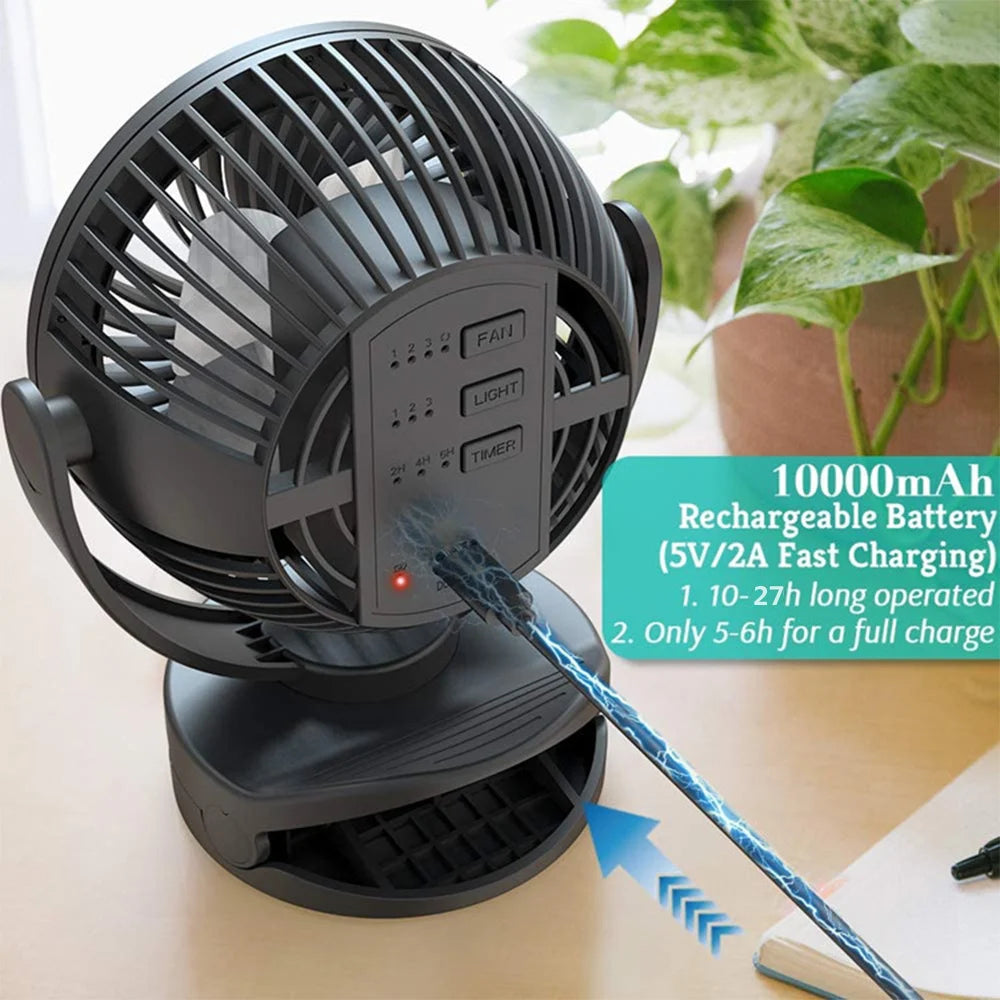 Mini Ventilador eléctrico portátil con batería de 10000mAh, ventilador de techo recargable por USB para acampar con lámpara LED de mesa, Ventilador de refrigeración por aire