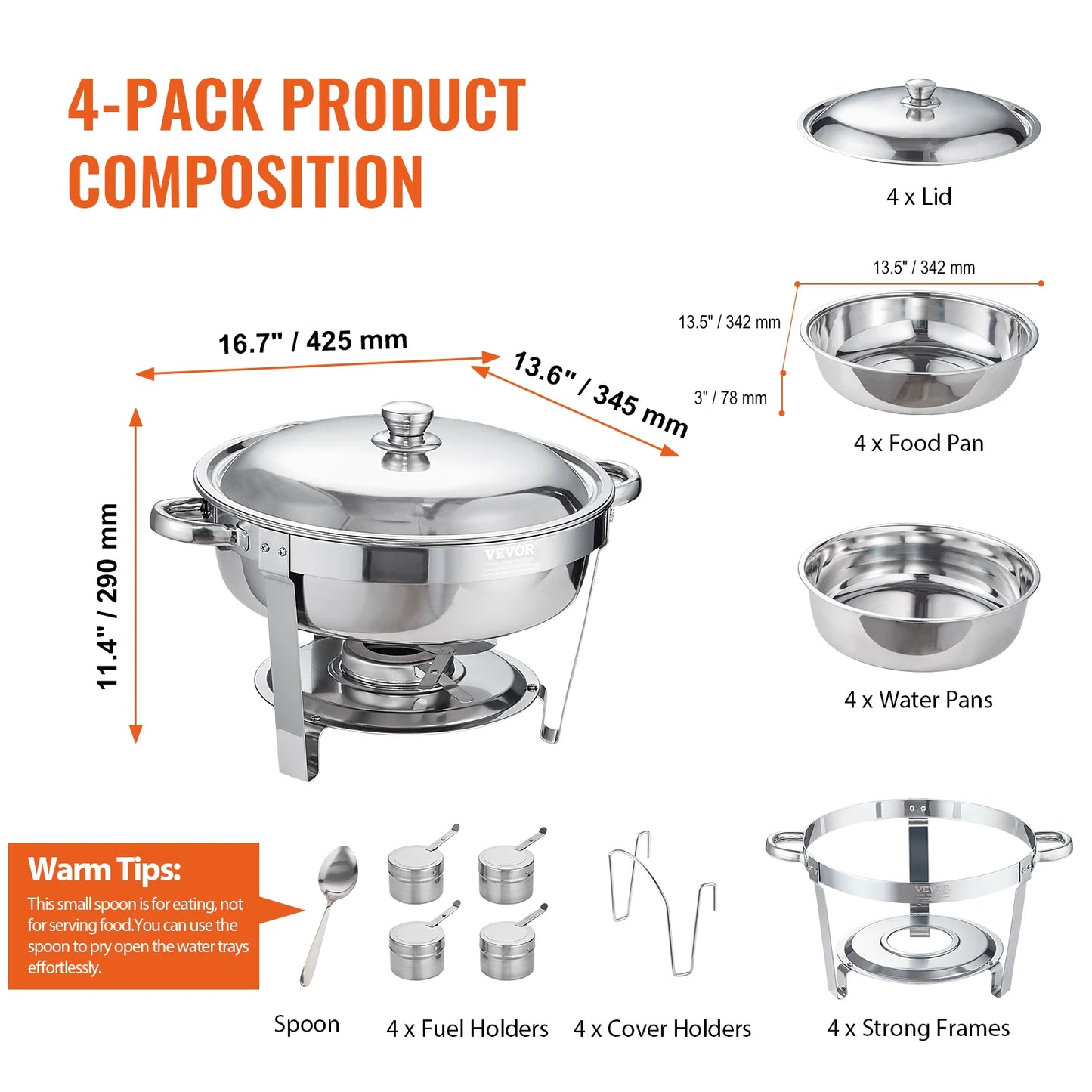 VEVOR Juego de 4 platos de frotamiento redondos de 6 cuartos de galón con sartén de tamaño completo, calentador de catering de acero inoxidable con tapa y bandeja de agua