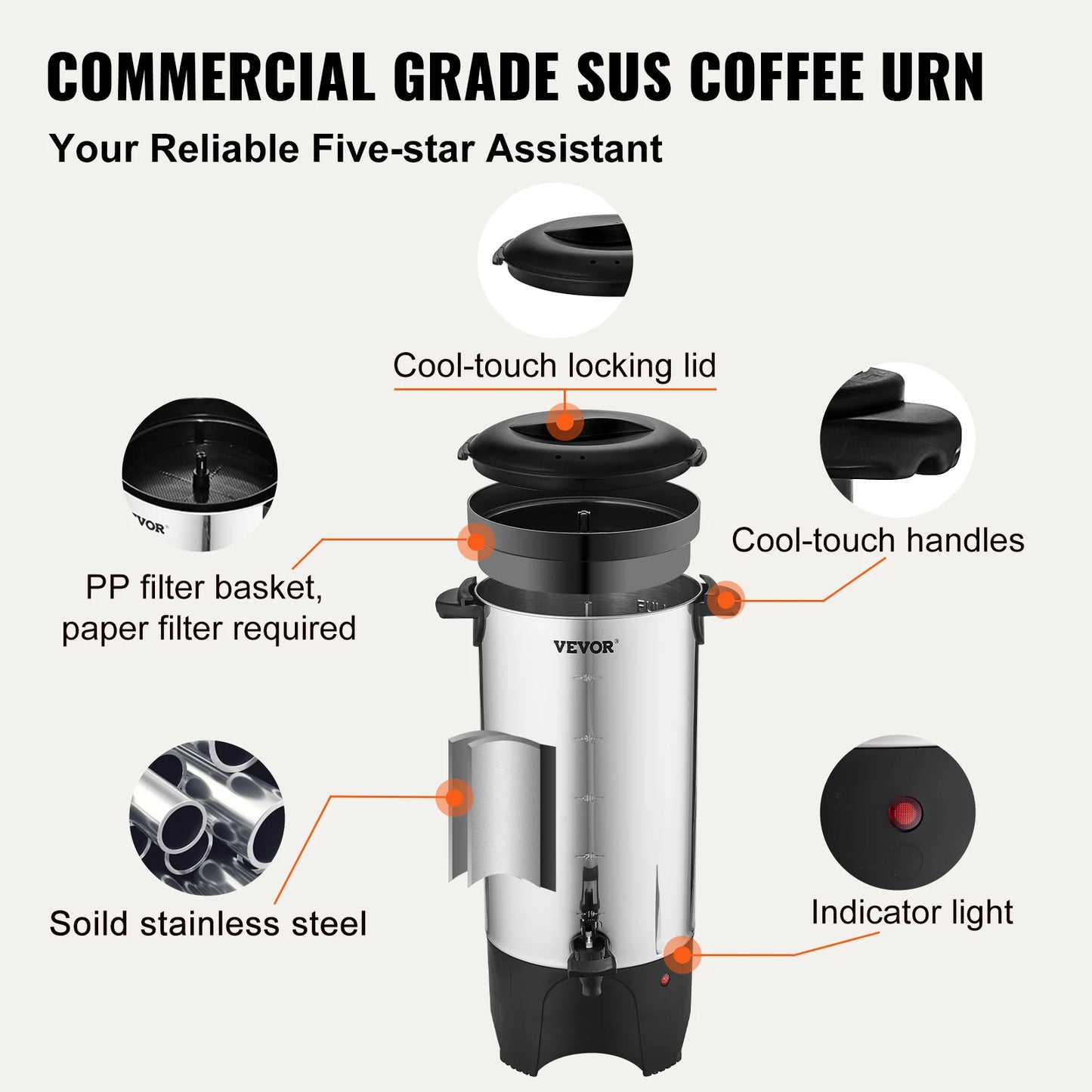 VEVOR – urne à café commerciale 50 tasses, grand distributeur de café en acier inoxydable, cafetière électrique 1000W pour un brassage rapide