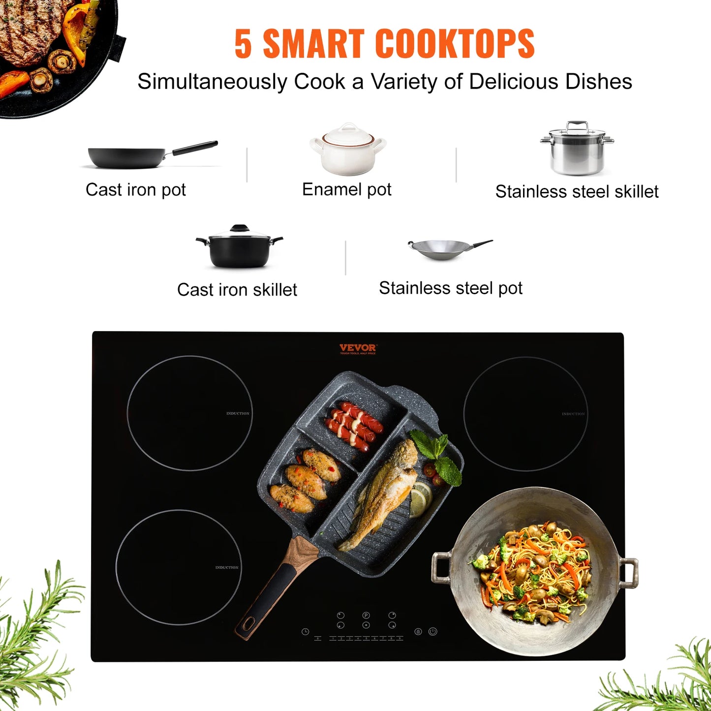 VEVOR 5 Burners 30/36 Inch Electric Induction Cooktop Stove Hob Built-in Burner Cooker Sensor Touch Control Magnetic Cooker